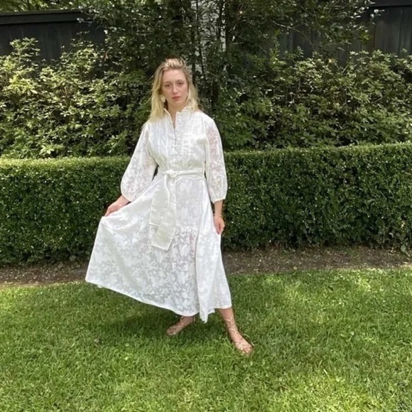 Sue Sartor Paloma Flounce Dress, White Cotton Swiss Voile/Embossed Blooms, L - Picture 1 of 11